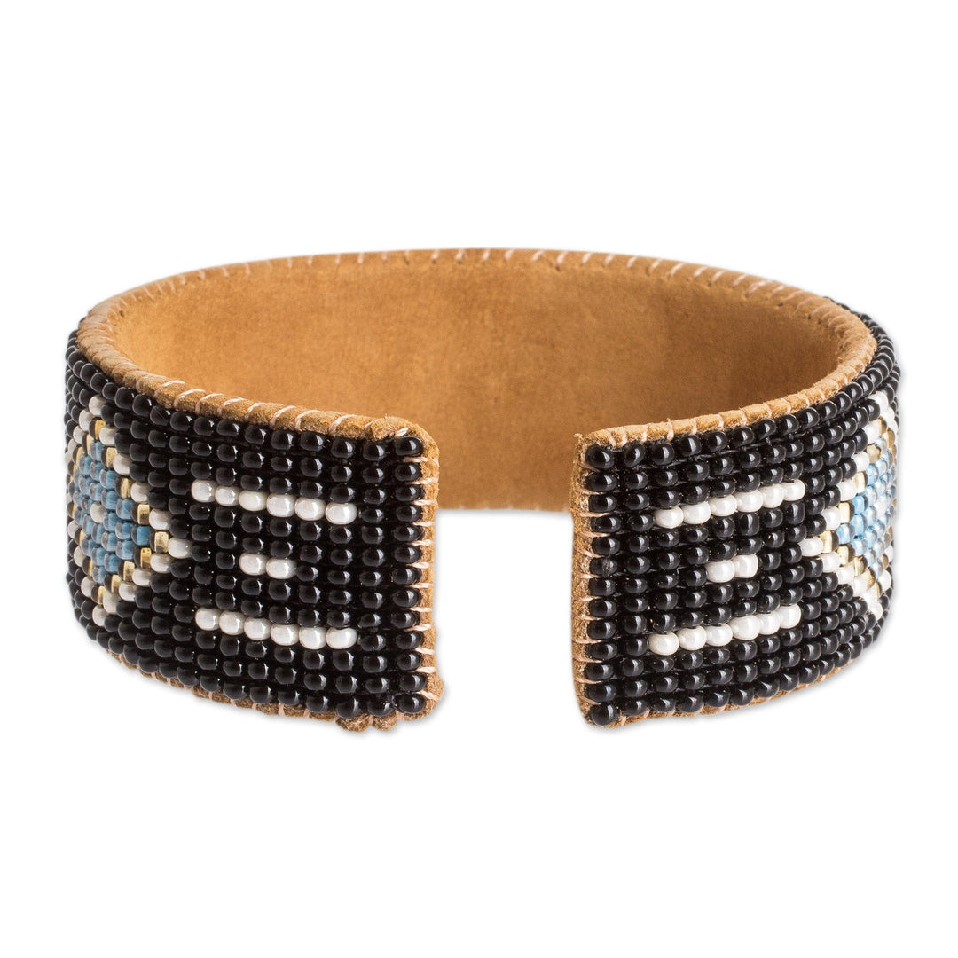 Black and Blue Glass Beaded Cuff Bracelet with Leather - Altar Diamonds