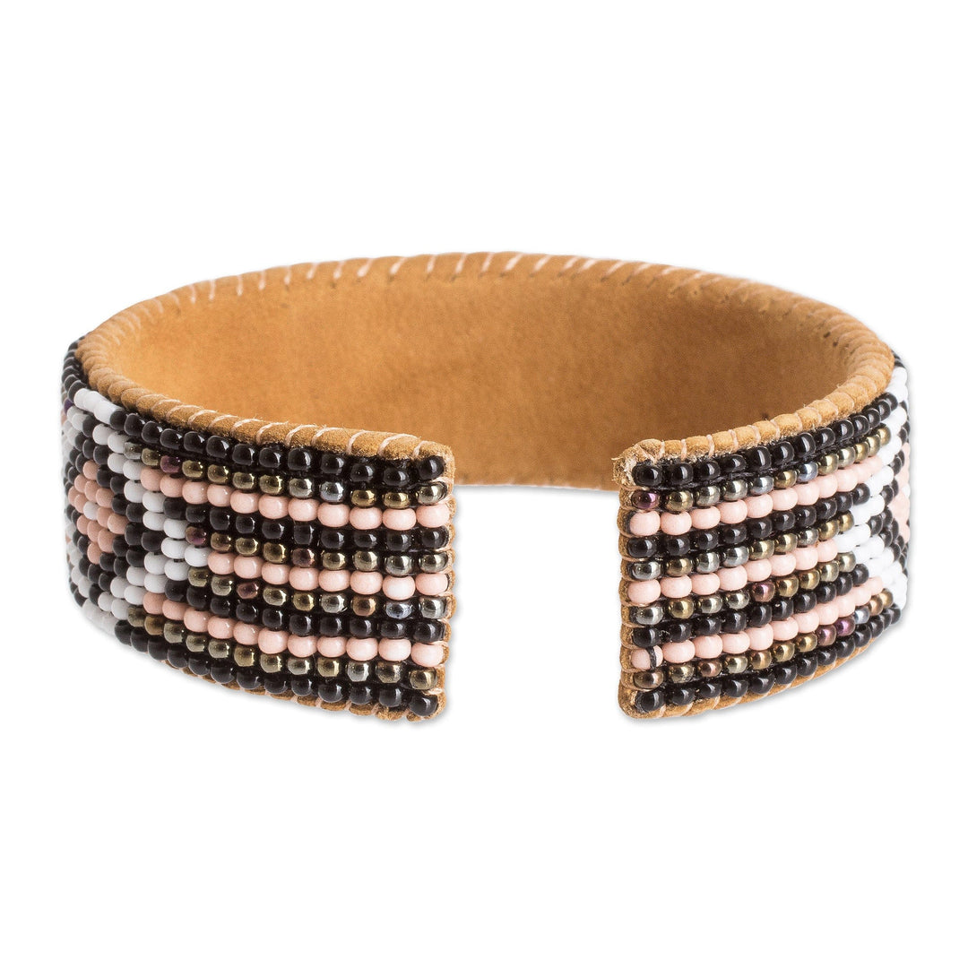 Black and Pink Glass Beaded Cuff Bracelet with Leather - Timeless Diamonds
