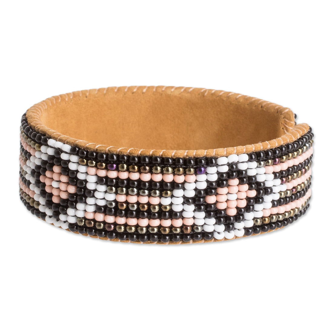 Black and Pink Glass Beaded Cuff Bracelet with Leather - Timeless Diamonds