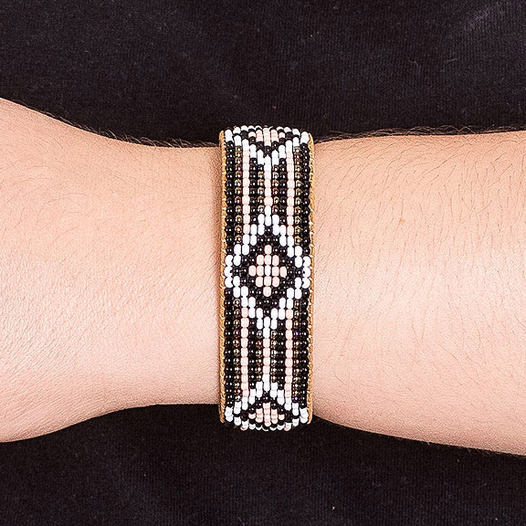 Black and Pink Glass Beaded Cuff Bracelet with Leather - Timeless Diamonds