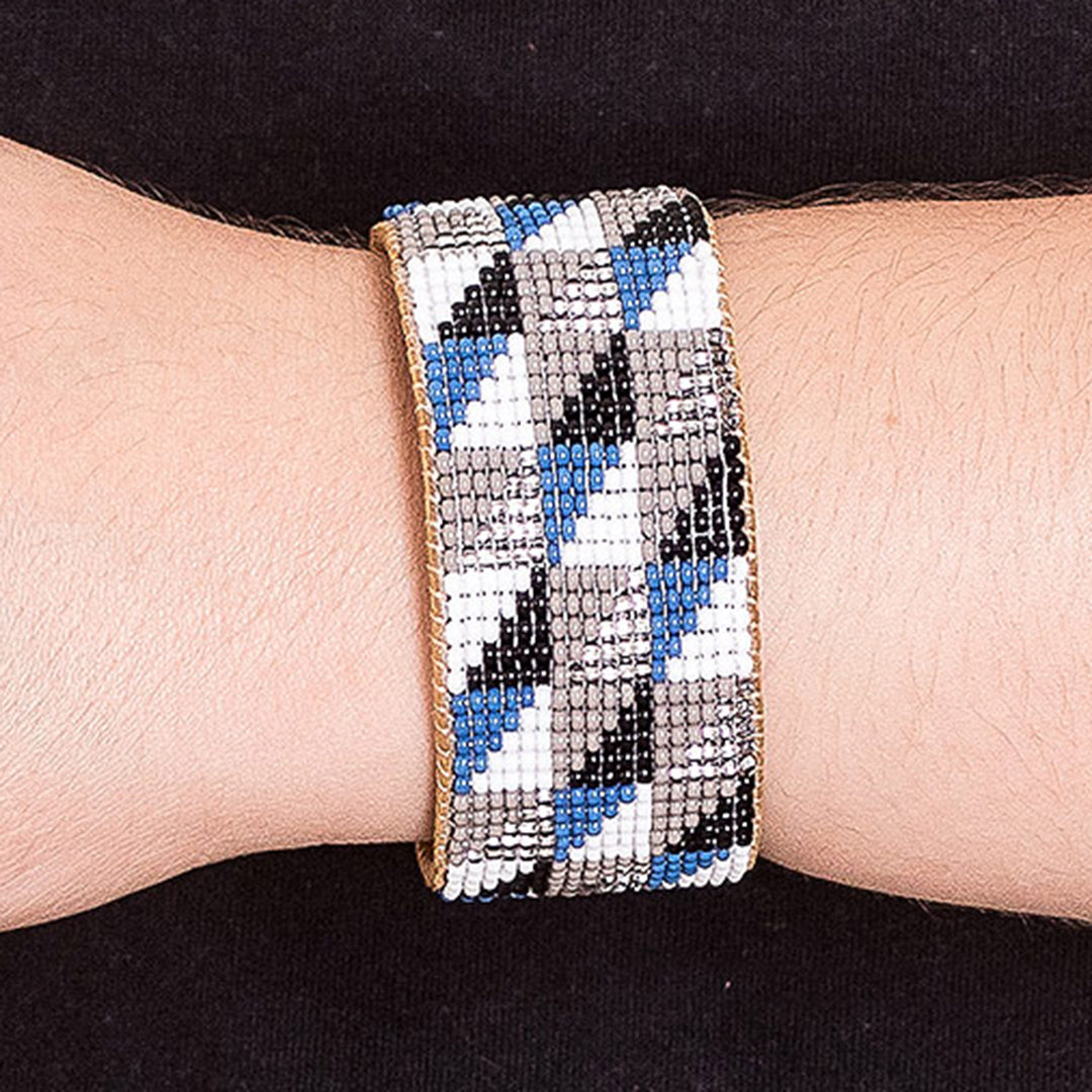 Modern Geometric Leather-Accented Glass Beaded Cuff Bracelet - Harmony Shapes