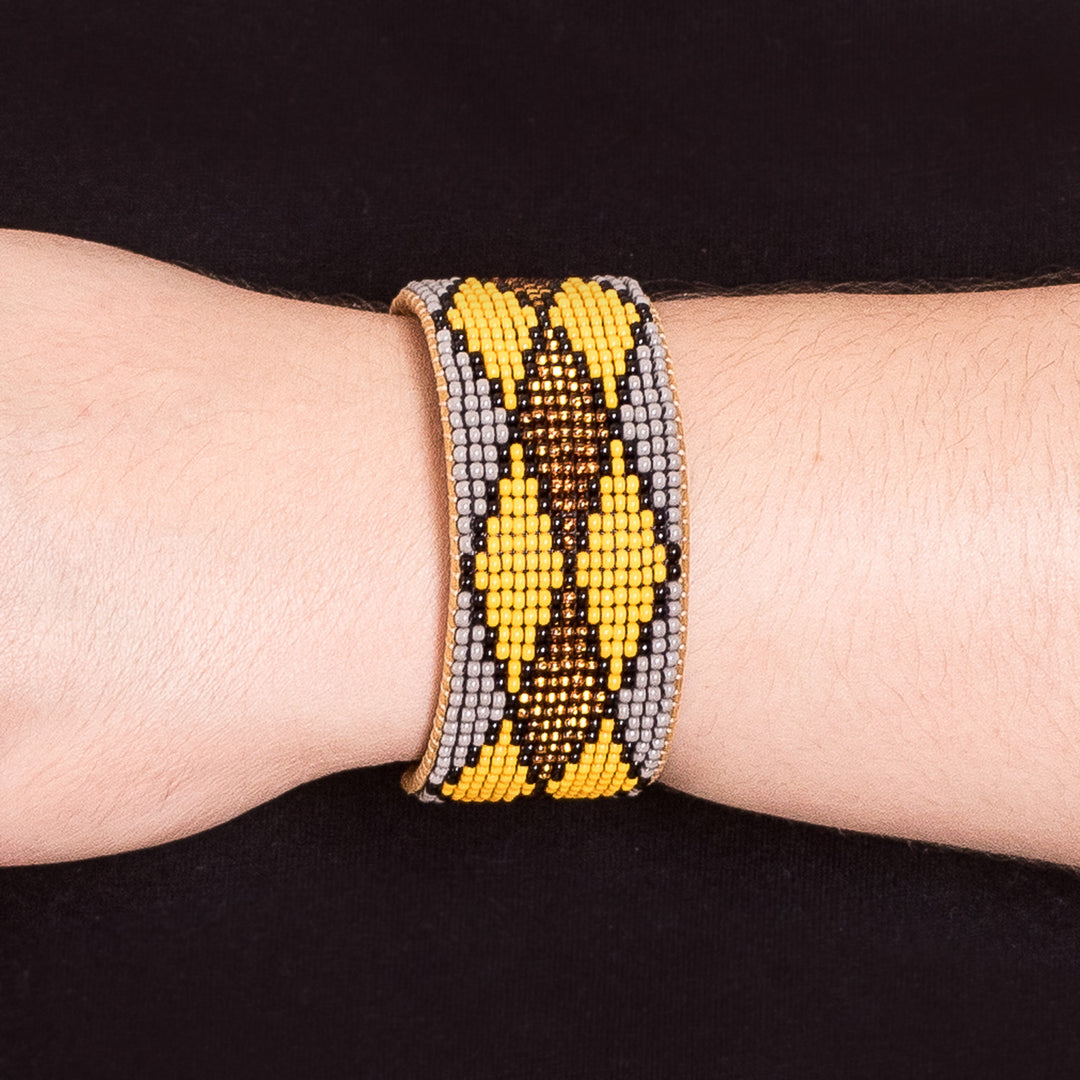 Warm Geometric Glass Beaded Cuff Bracelet with Leather - Sunny Geometry