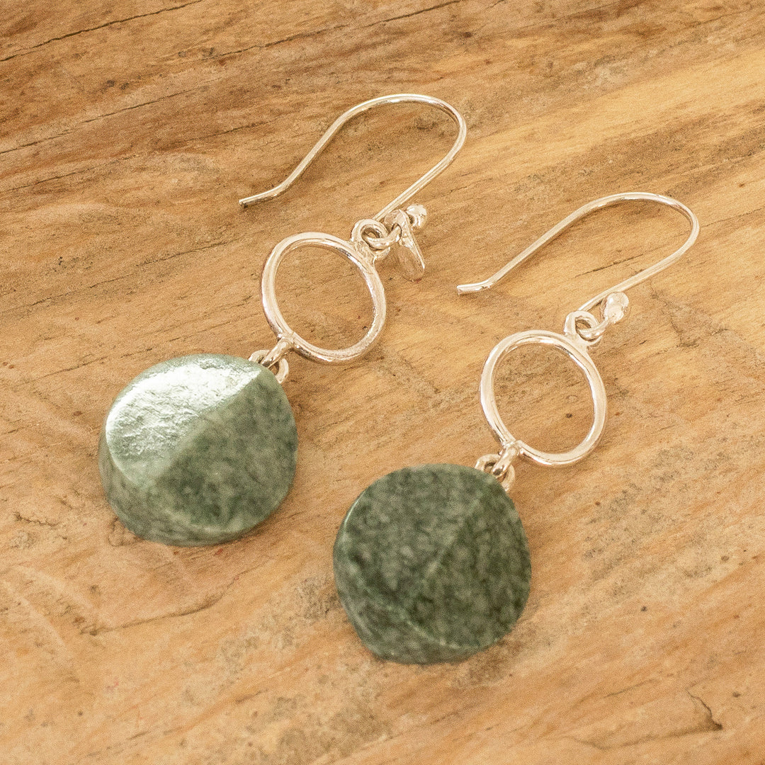 Sterling Silver Dangle Earrings with Hoop & Green Jade Disc - Green Majesty
