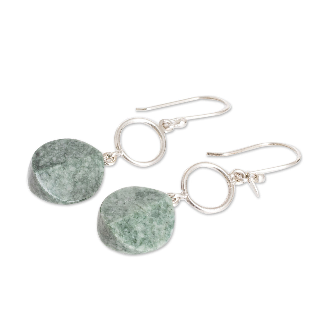 Sterling Silver Dangle Earrings with Hoop & Green Jade Disc - Green Majesty