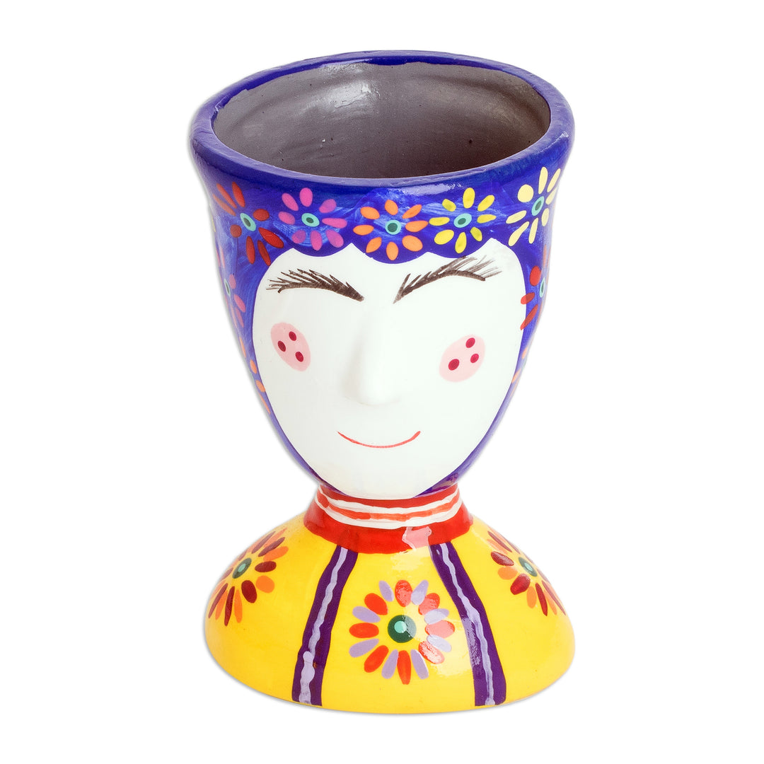 Painted Floral Blue and Yellow Ceramic Flower Pot (Small) - Flourishing Joy
