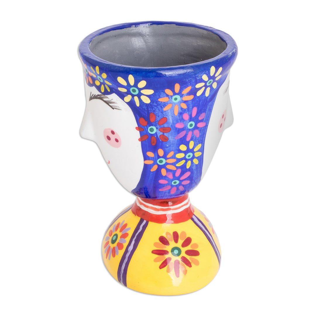 Painted Floral Blue and Yellow Ceramic Flower Pot (Small) - Flourishing Joy