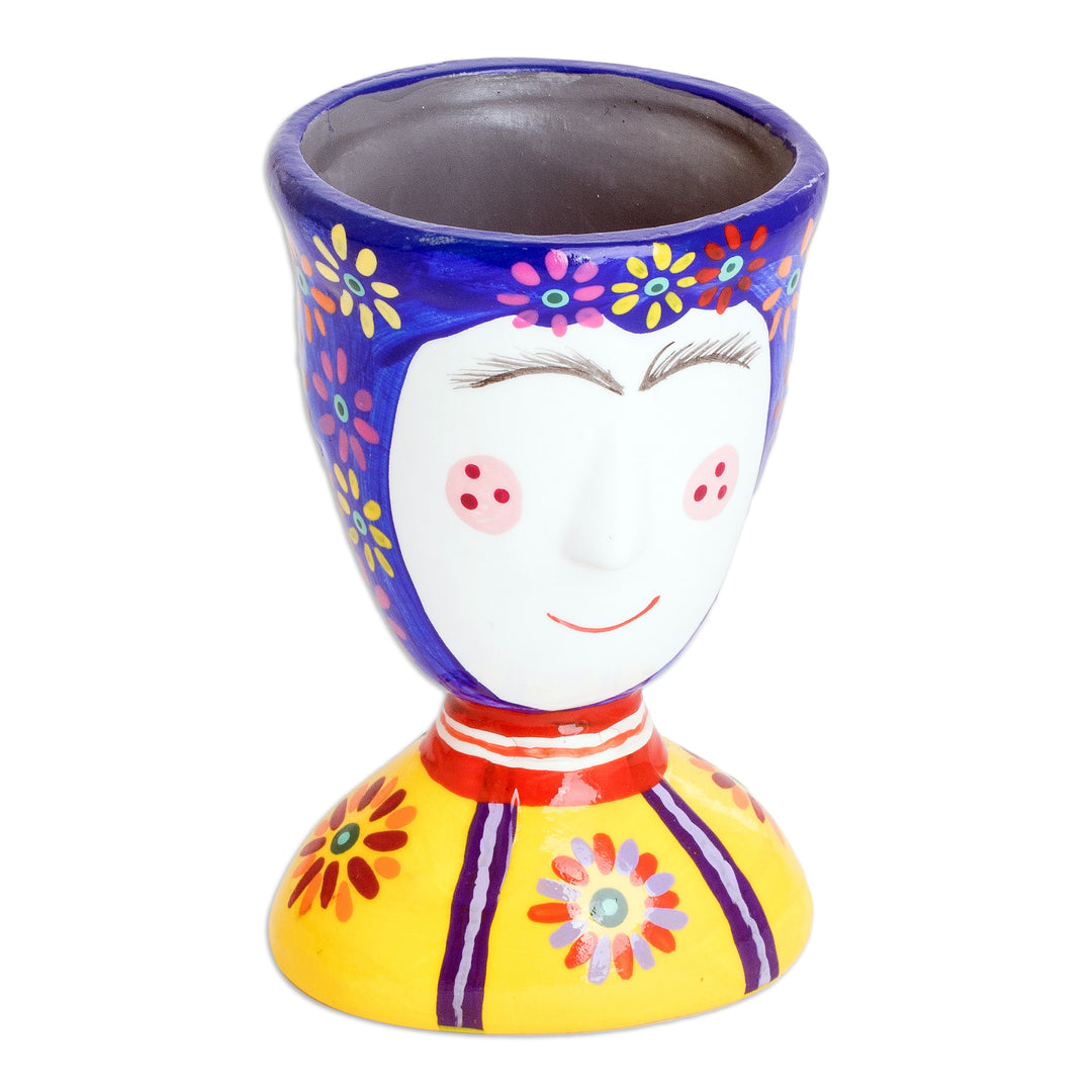 Painted Floral Blue and Yellow Ceramic Flower Pot (Small) - Flourishing Joy
