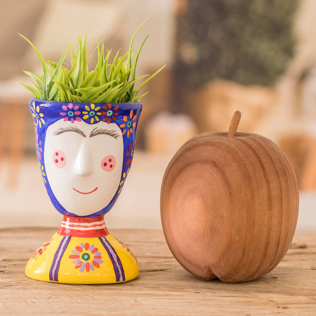 Painted Floral Blue and Yellow Ceramic Flower Pot (Small) - Flourishing Joy