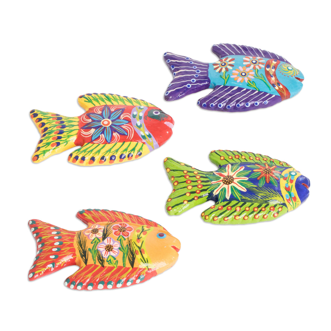 Set of 4 Fish-Themed Hand-Painted Colorful Ceramic Magnets - Marine Festival