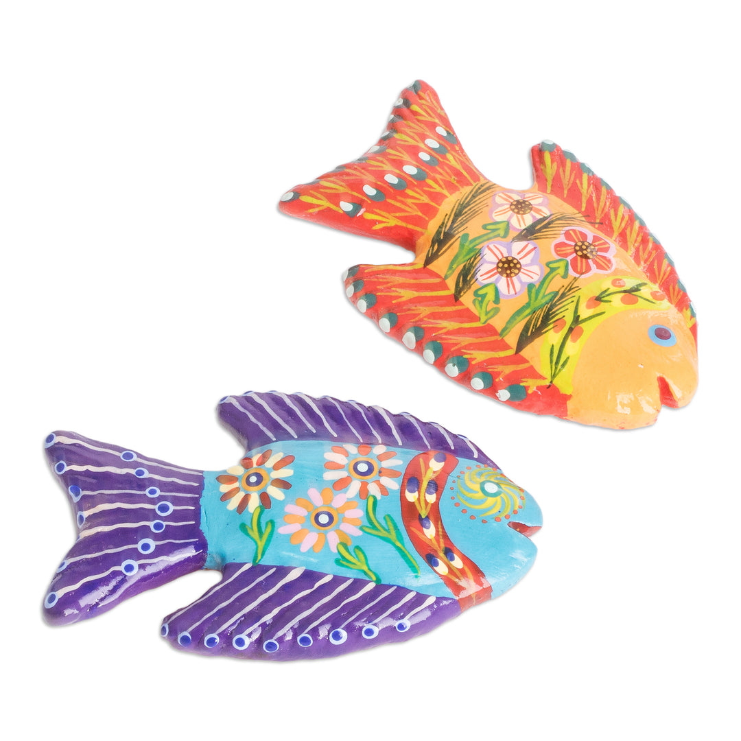 Set of 4 Fish-Themed Hand-Painted Colorful Ceramic Magnets - Marine Festival