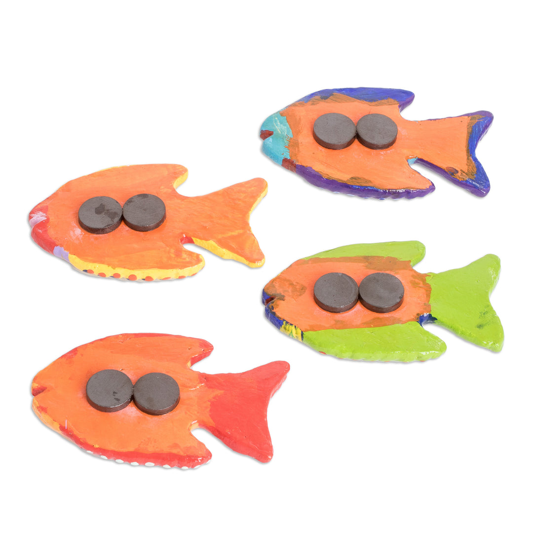 Set of 4 Fish-Themed Hand-Painted Colorful Ceramic Magnets - Marine Festival