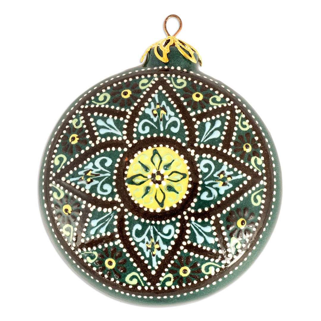 Green Glazed Ceramic Floral Ornament Made & Painted by Hand - Winter Flower