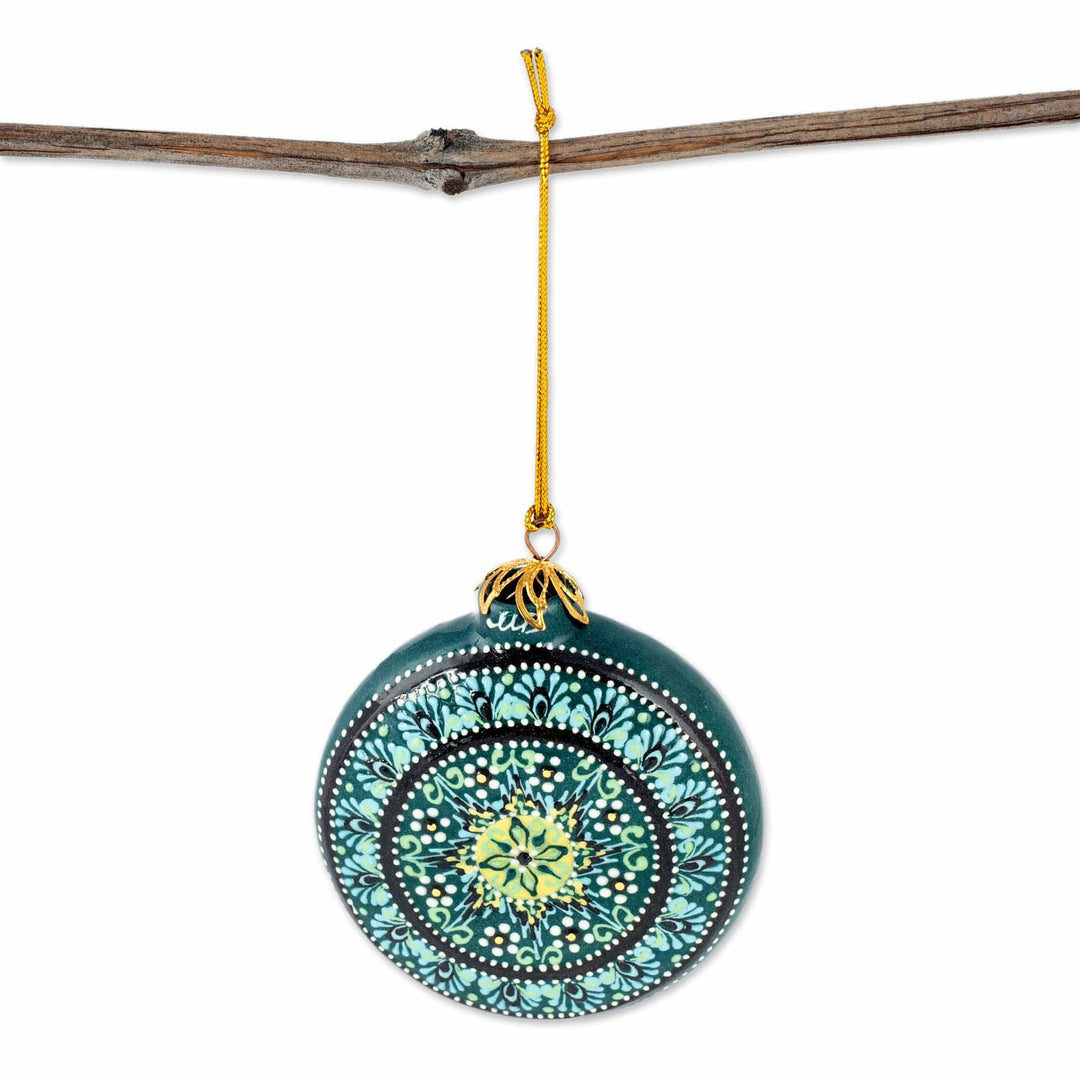 Green Glazed Ceramic Floral Ornament Made & Painted by Hand - Winter Flower
