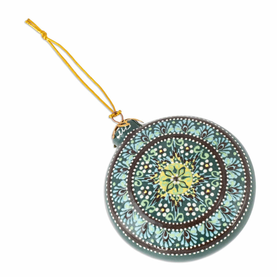 Green Glazed Ceramic Floral Ornament Made & Painted by Hand - Winter Flower