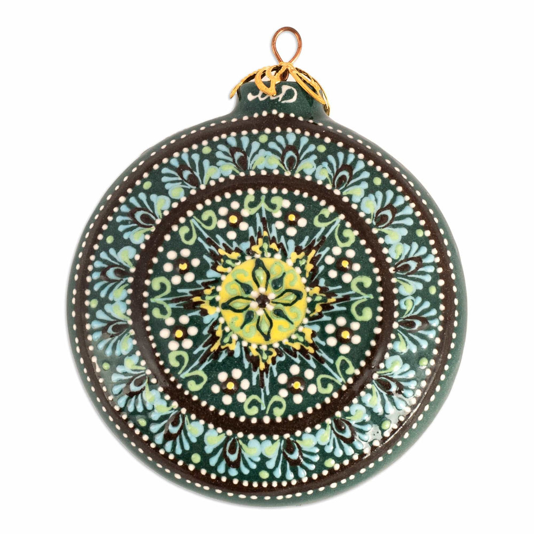 Green Glazed Ceramic Floral Ornament Made & Painted by Hand - Winter Flower