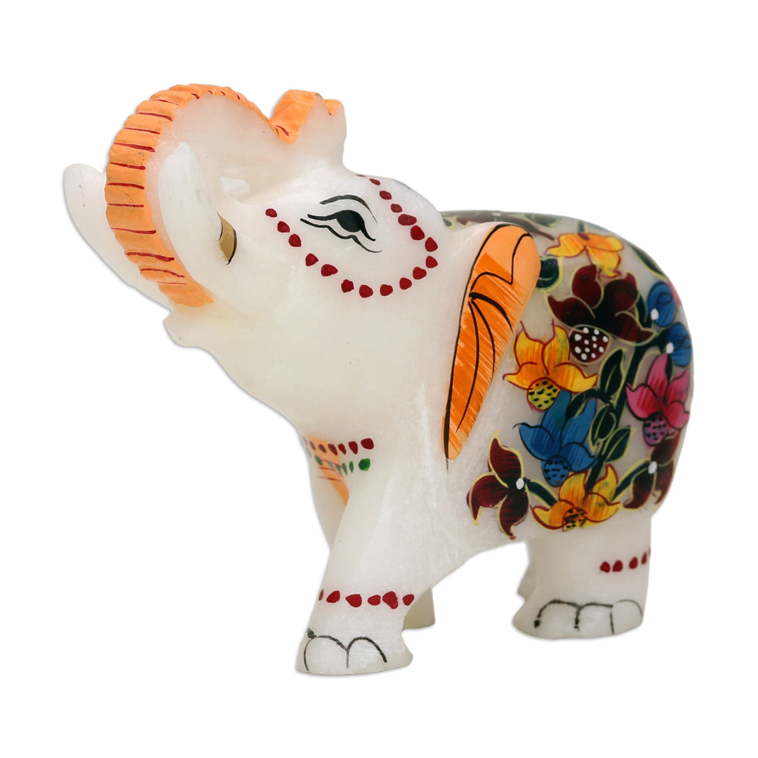 Hand-Painted Floral Soapstone Elephant Figurine from India - Good Fortune