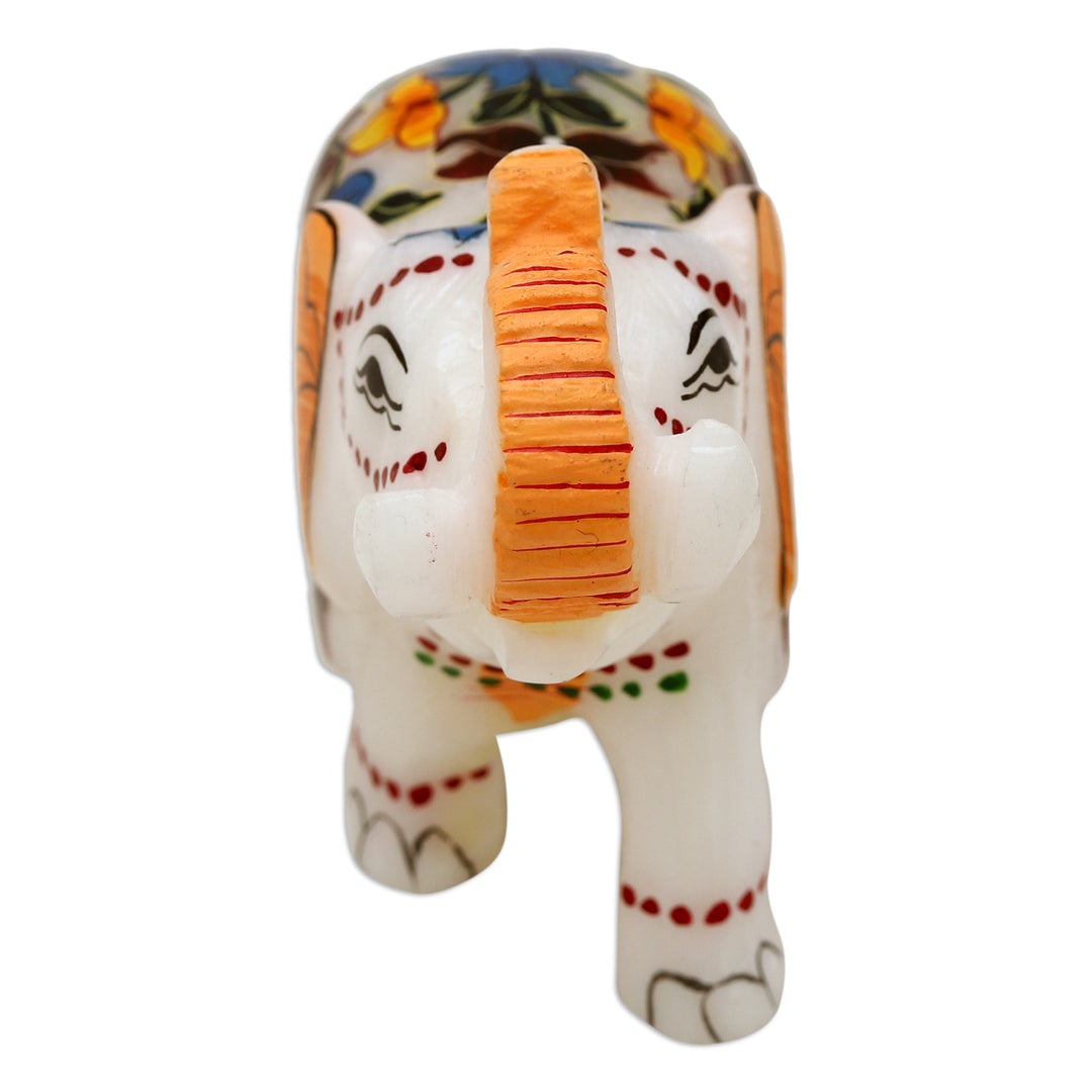 Hand-Painted Floral Soapstone Elephant Figurine from India - Good Fortune