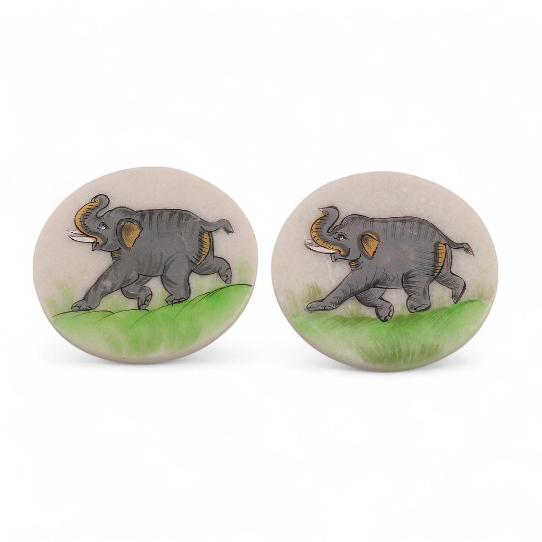 Set of 2 Hand-Painted Elephant-Themed Soapstone Coasters - Marching Elephant
