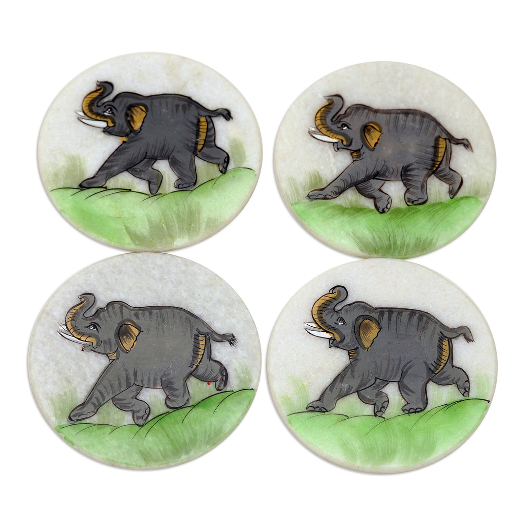 Set of 2 Hand-Painted Elephant-Themed Soapstone Coasters - Marching Elephant