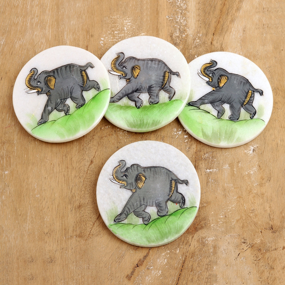 Set of 2 Hand-Painted Elephant-Themed Soapstone Coasters - Marching Elephant