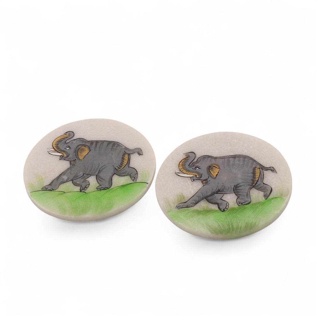 Set of 2 Hand-Painted Elephant-Themed Soapstone Coasters - Marching Elephant