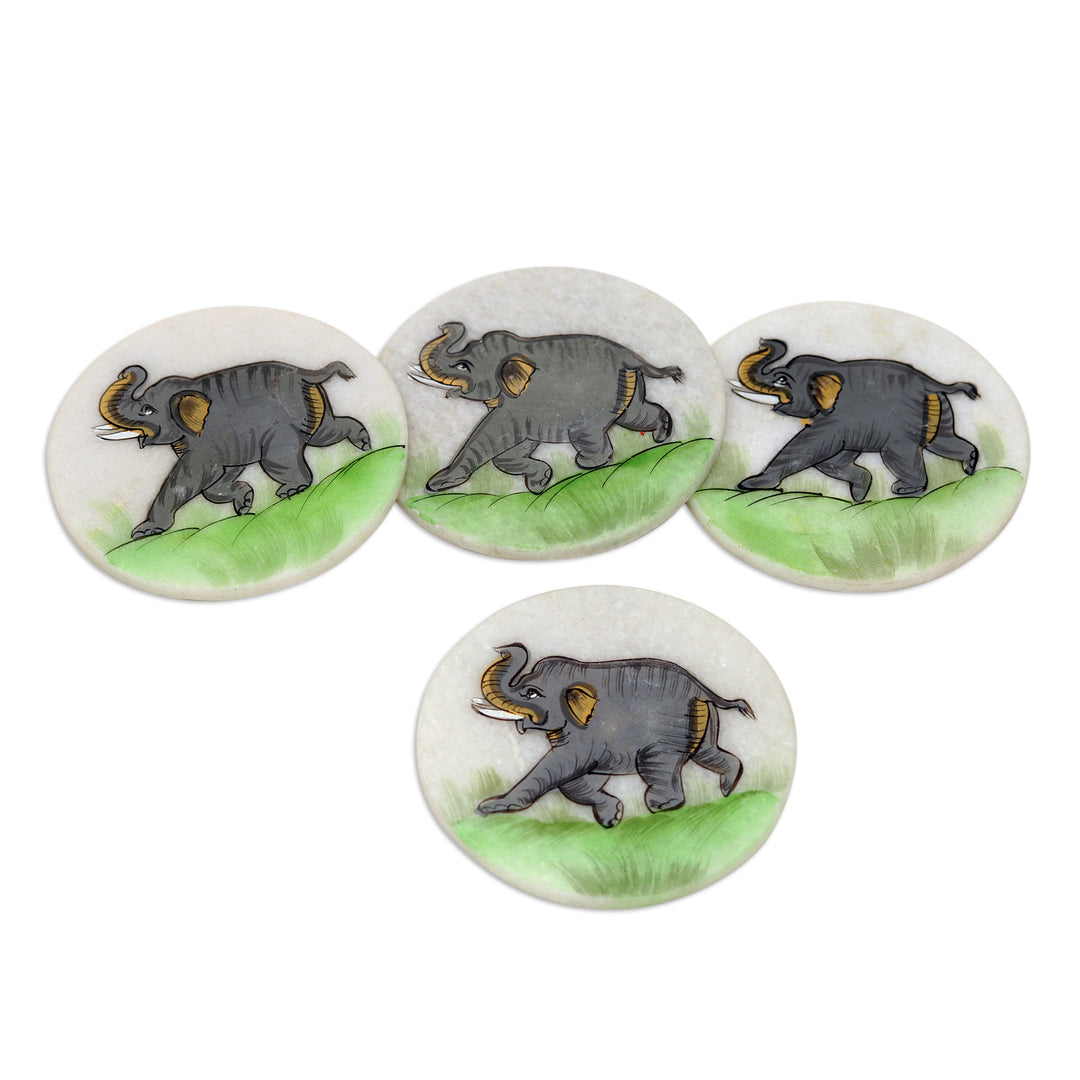 Set of 2 Hand-Painted Elephant-Themed Soapstone Coasters - Marching Elephant