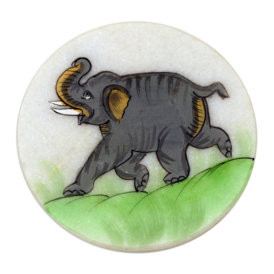 Set of 2 Hand-Painted Elephant-Themed Soapstone Coasters - Marching Elephant