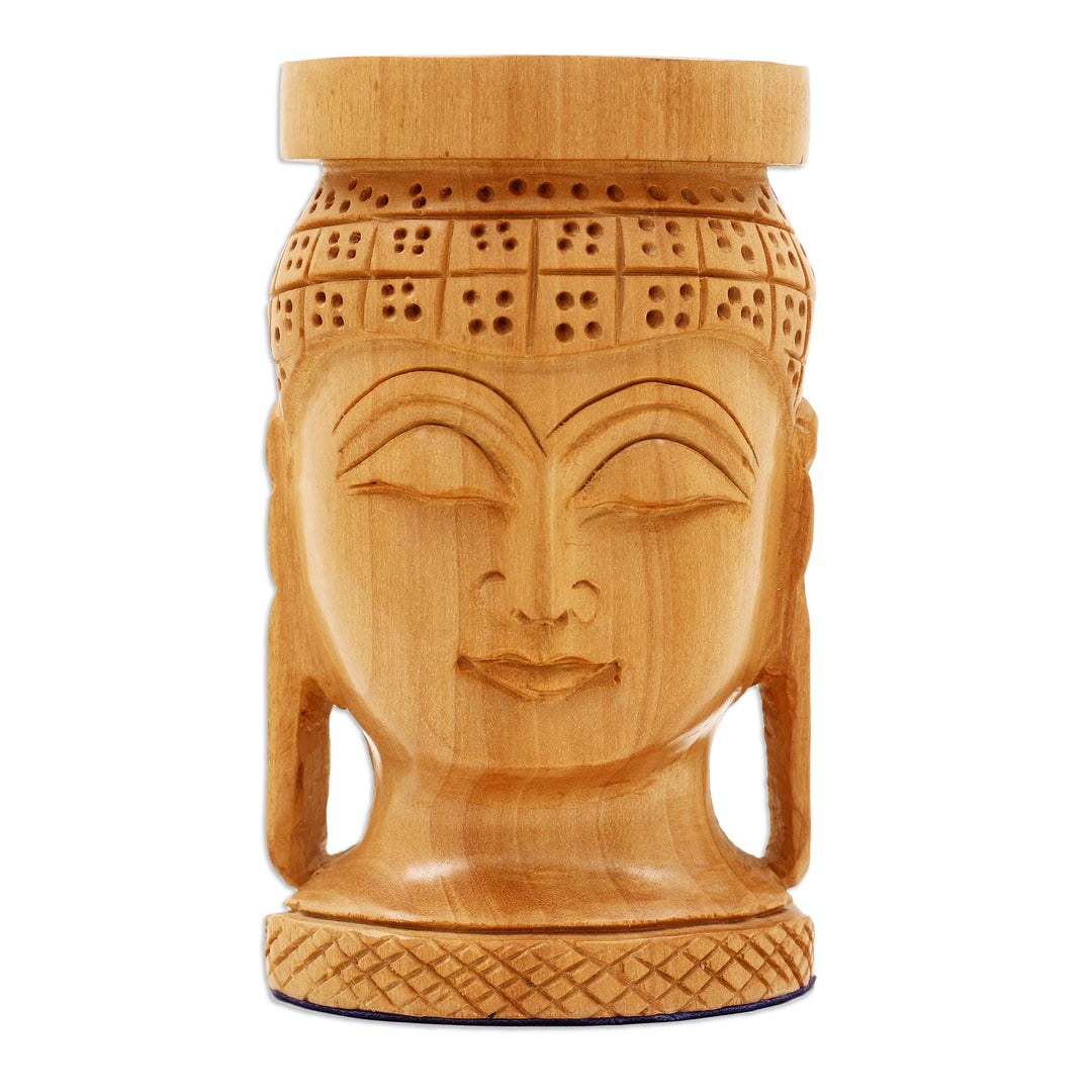 Hand-Carved Buddha-Themed Kadam Wood Pen Holder - Buddha's Patience
