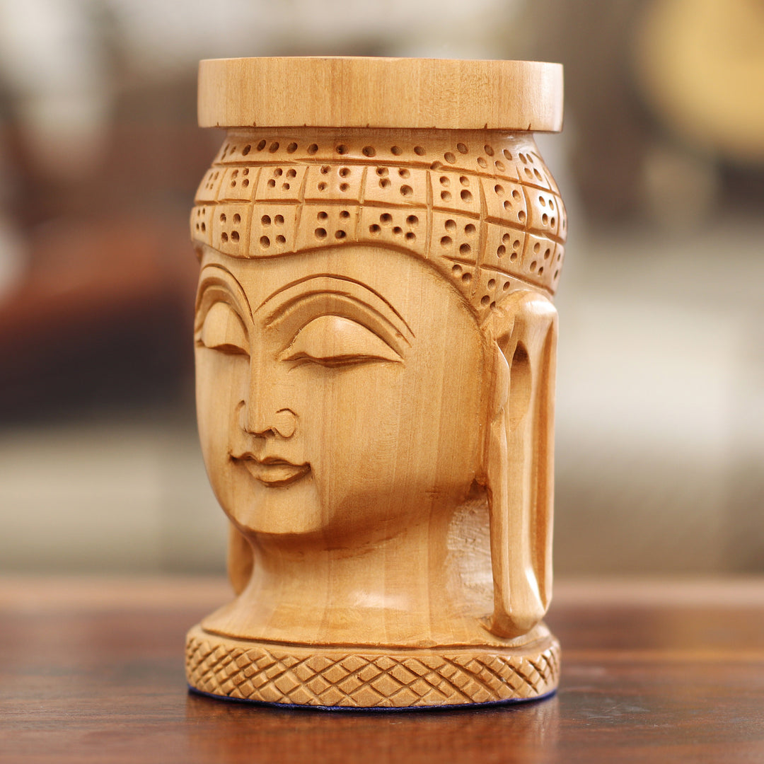 Hand-Carved Buddha-Themed Kadam Wood Pen Holder - Buddha's Patience