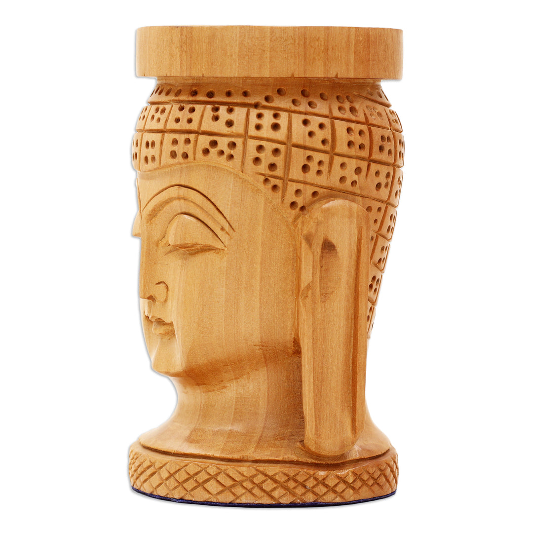 Hand-Carved Buddha-Themed Kadam Wood Pen Holder - Buddha's Patience