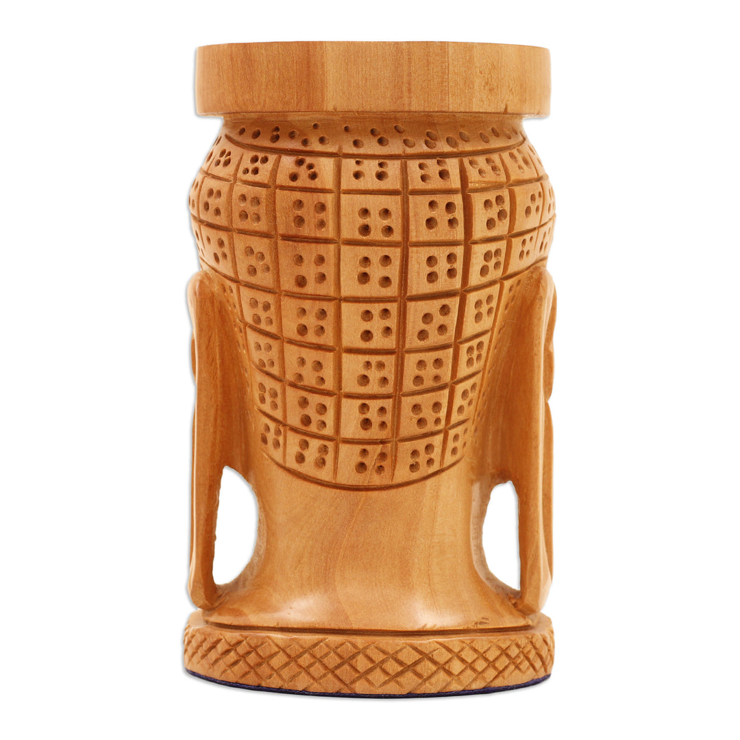 Hand-Carved Buddha-Themed Kadam Wood Pen Holder - Buddha's Patience
