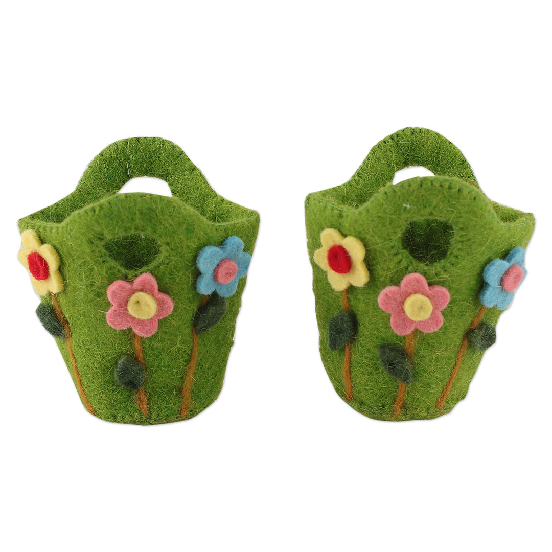 Handcrafted Floral Green Wool Felt Baskets from India (Pair) - Blooming Treasures