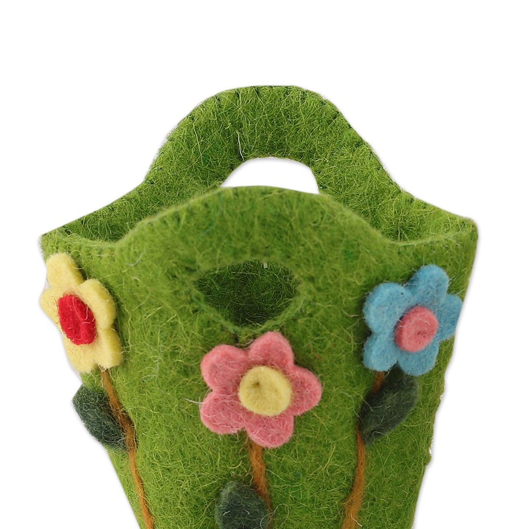 Handcrafted Floral Green Wool Felt Baskets from India (Pair) - Blooming Treasures