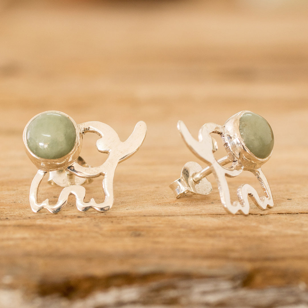 Elephant-Themed Dark Green Jade Button Earrings - Balance Trunks
