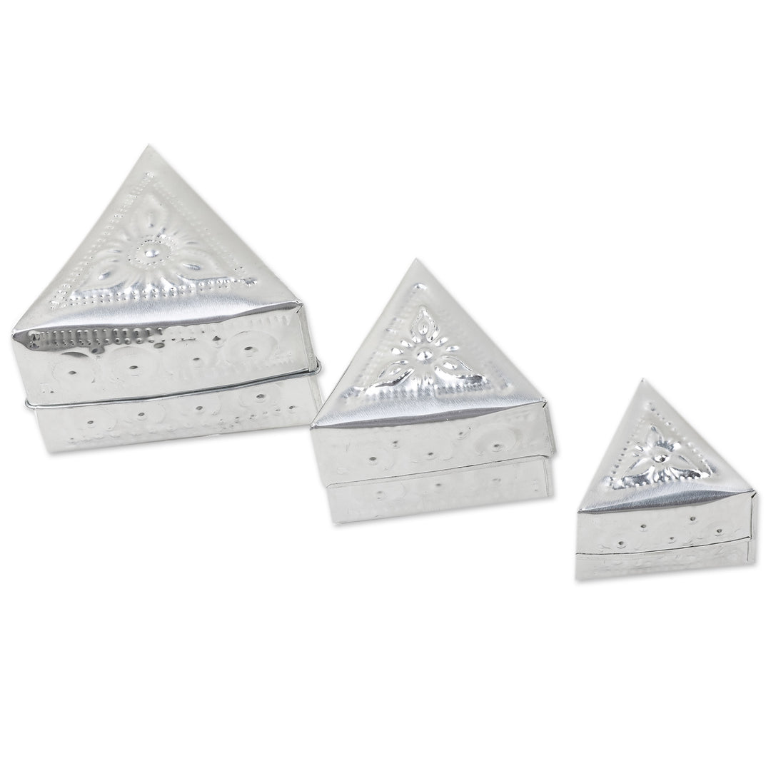 Set of 3 Repousse Triangular Aluminum Decorative Boxes - Triangular Palace