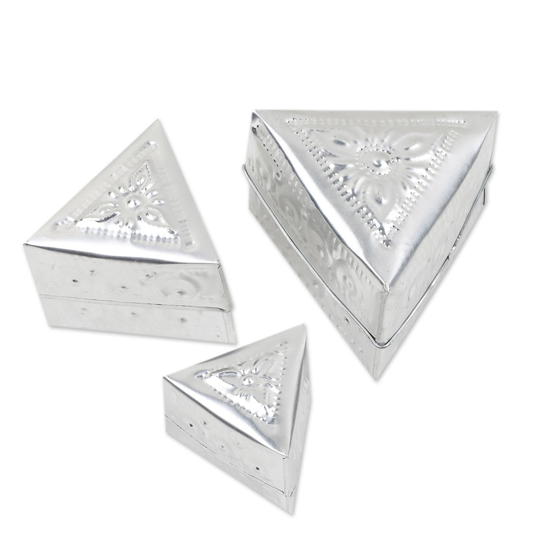 Set of 3 Repousse Triangular Aluminum Decorative Boxes - Triangular Palace
