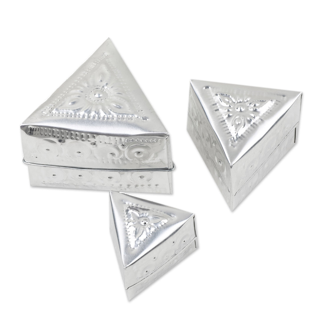 Set of 3 Repousse Triangular Aluminum Decorative Boxes - Triangular Palace