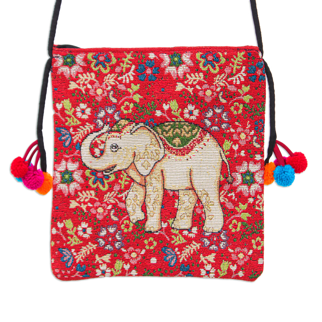Traditional Elephant-Themed Floral Red Sling with Pompoms - Elephant's Joy