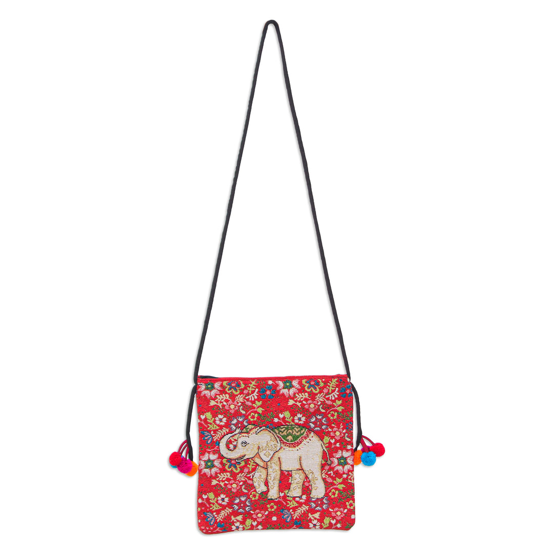 Traditional Elephant-Themed Floral Red Sling with Pompoms - Elephant's Joy