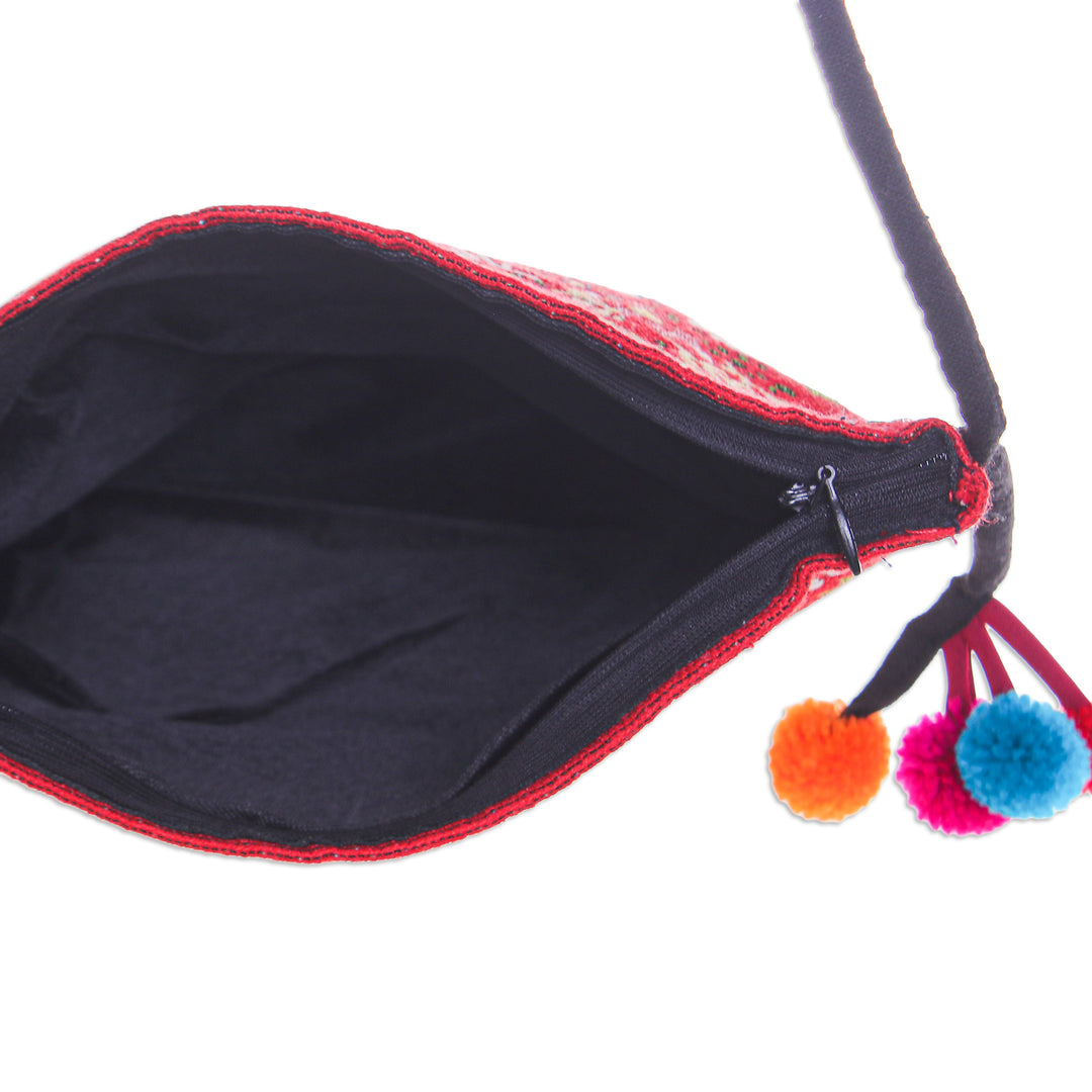 Traditional Elephant-Themed Floral Red Sling with Pompoms - Elephant's Joy