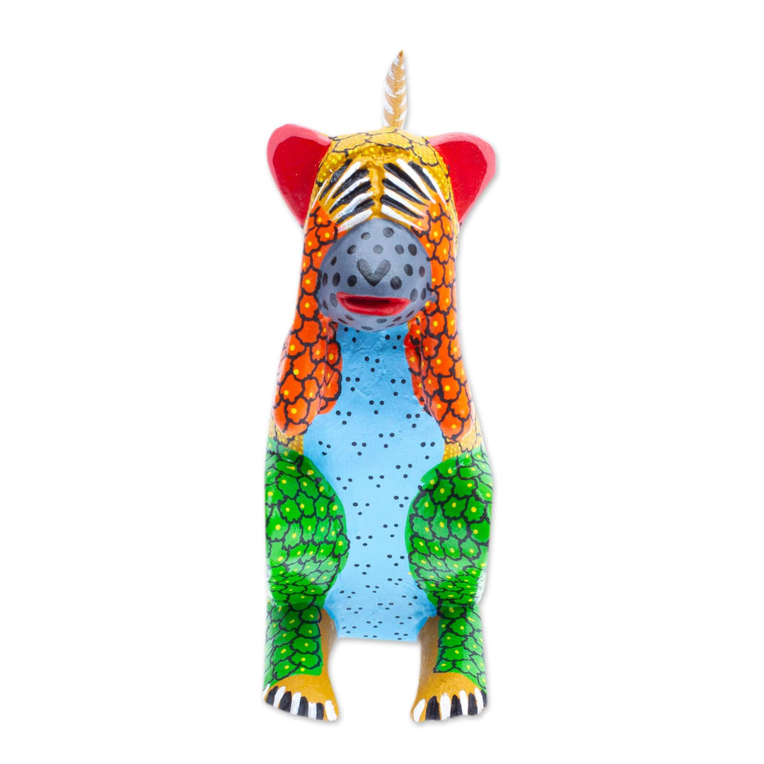 Wood Monkey Alebrije Figurine Painted in Green and Yellow - Astonished Monkey