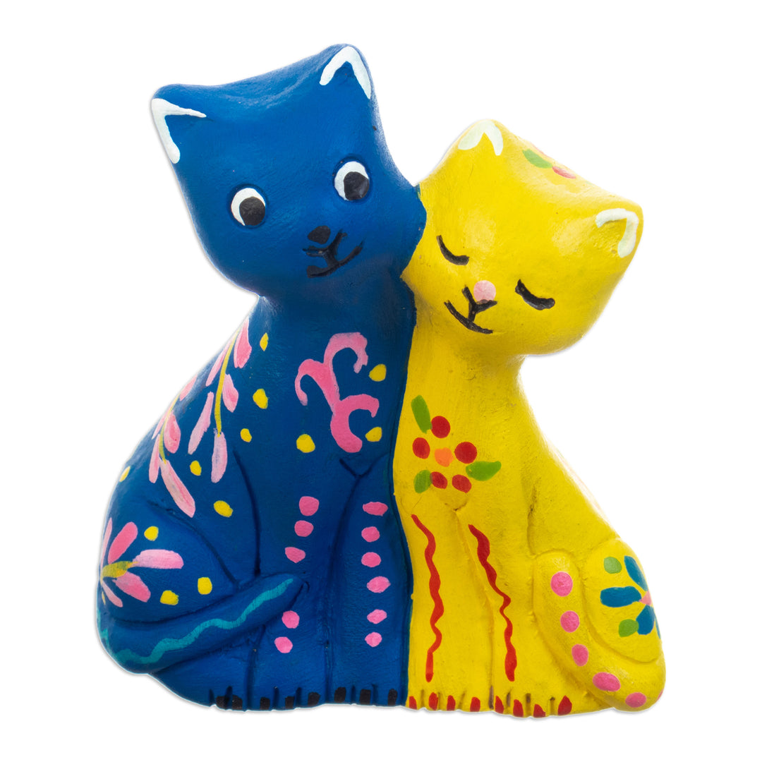 Handcrafted Blue and Yellow Cat-Themed Ceramic Figurine - Feline Romance