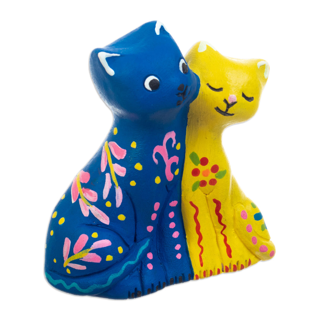 Handcrafted Blue and Yellow Cat-Themed Ceramic Figurine - Feline Romance