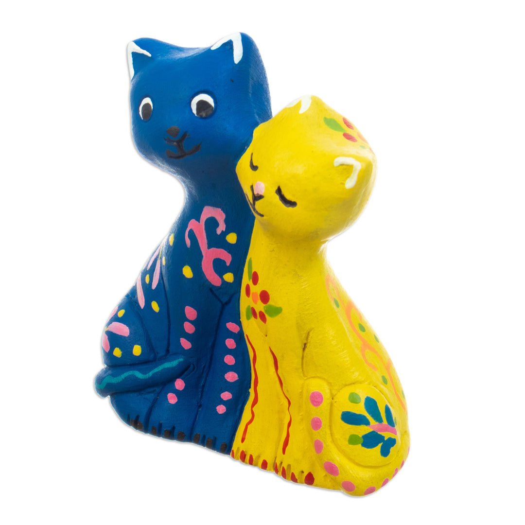 Handcrafted Blue and Yellow Cat-Themed Ceramic Figurine - Feline Romance