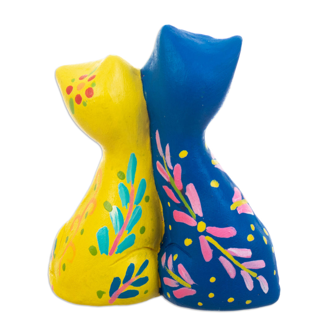 Handcrafted Blue and Yellow Cat-Themed Ceramic Figurine - Feline Romance