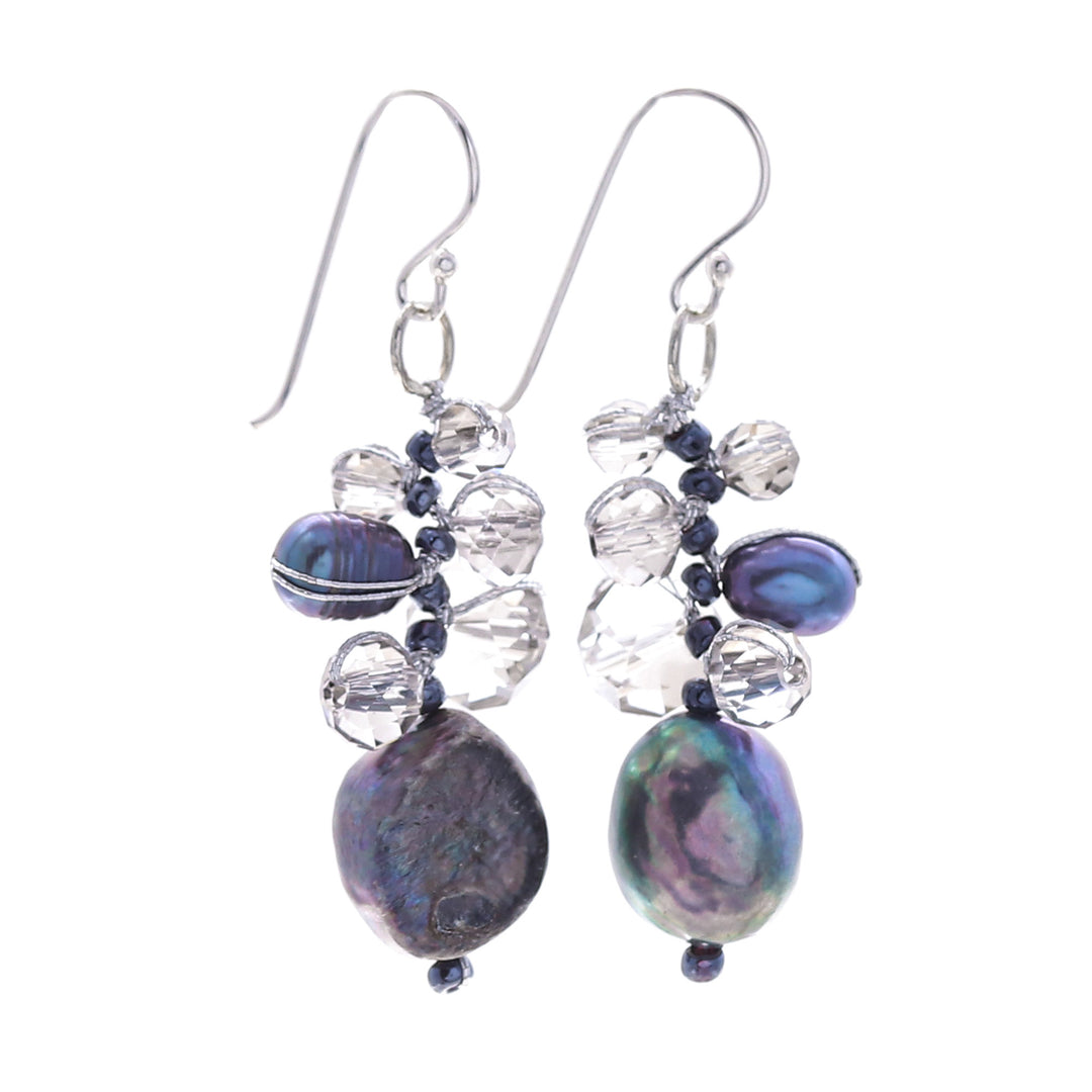 Clear Glass Beaded Dangle Earrings with Black Pearls - Rain of Mystery