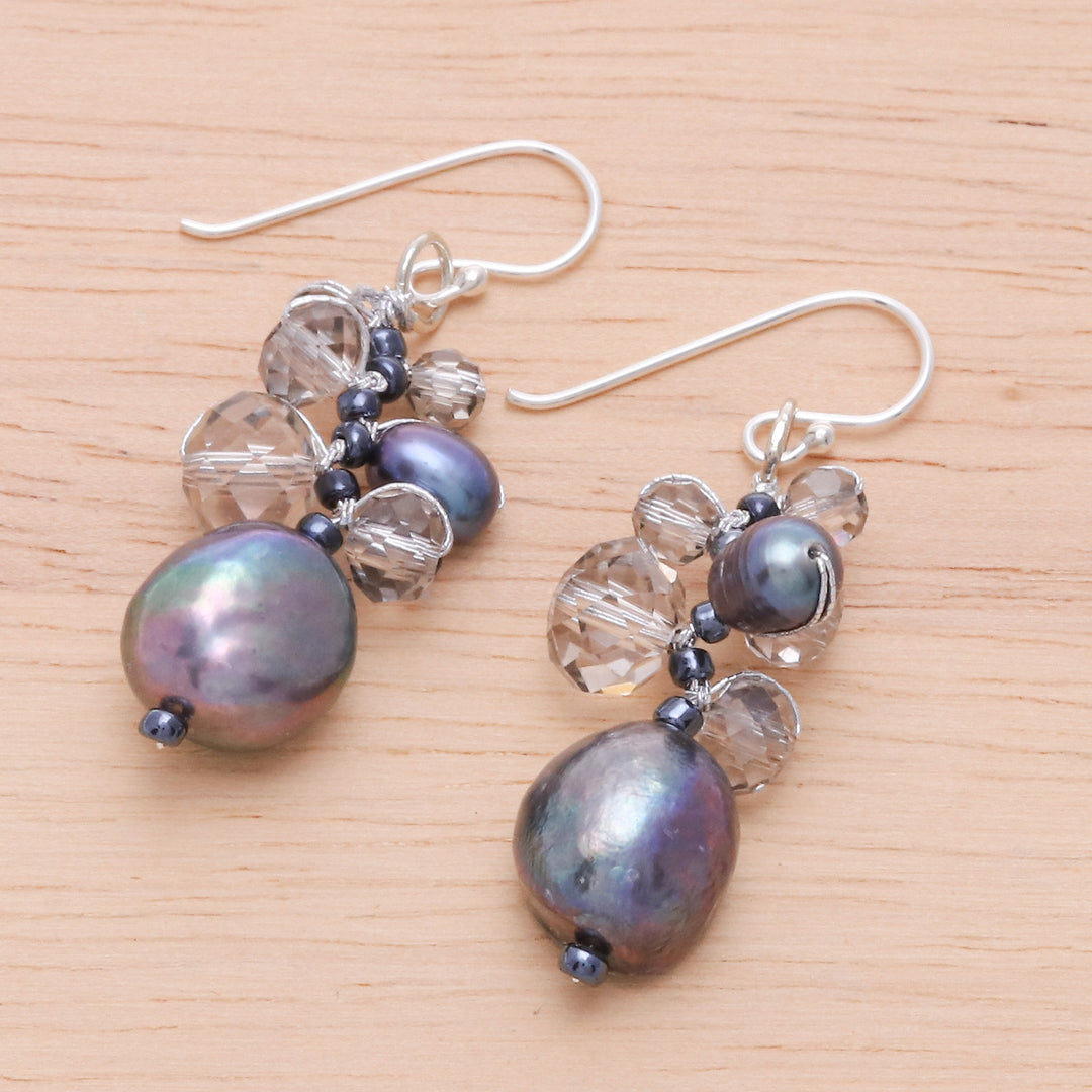 Clear Glass Beaded Dangle Earrings with Black Pearls - Rain of Mystery