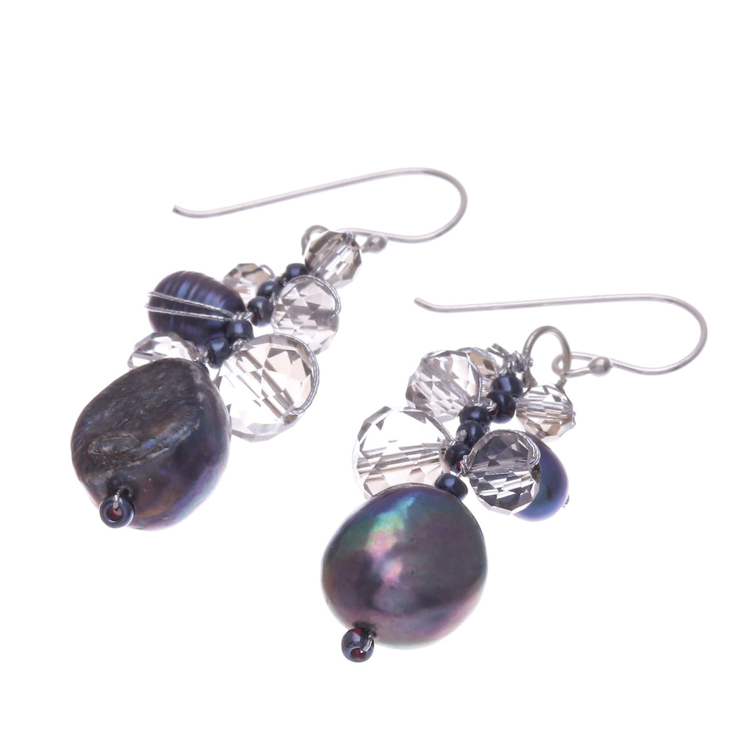 Clear Glass Beaded Dangle Earrings with Black Pearls - Rain of Mystery