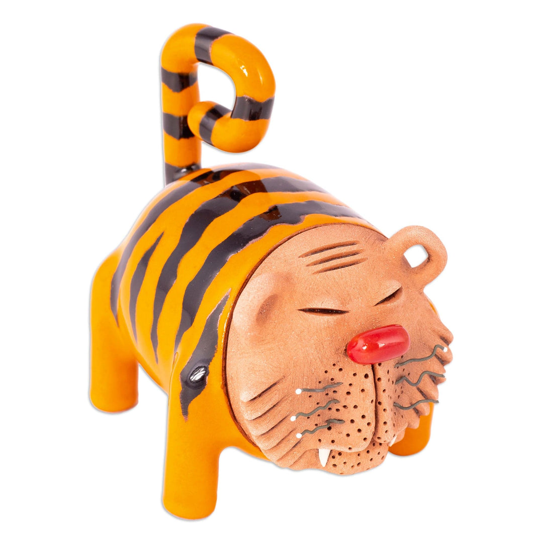 Handcrafted Brown and Orange Tiger Figurine from Uzbekistan - Striped Roars