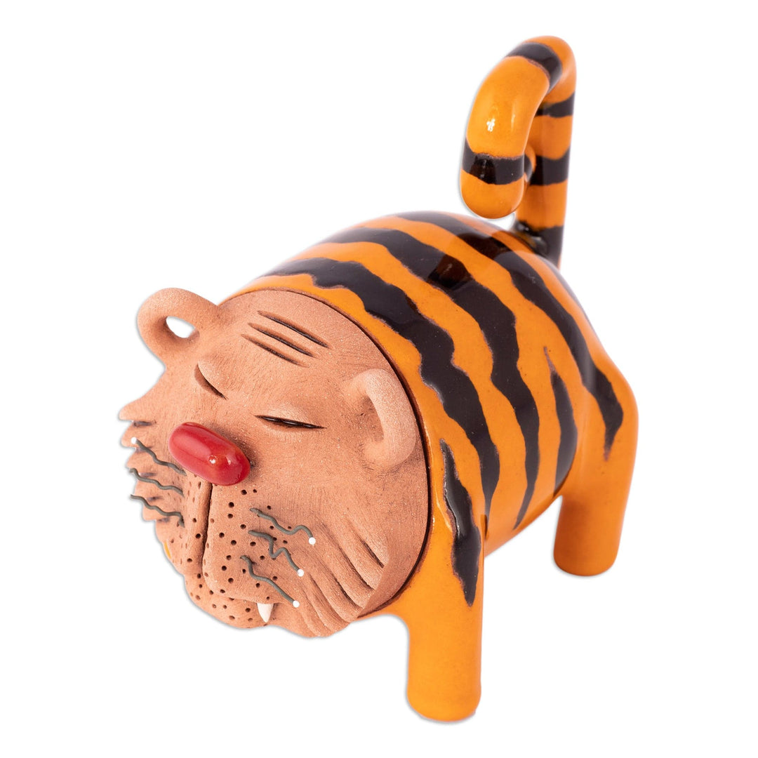 Handcrafted Brown and Orange Tiger Figurine from Uzbekistan - Striped Roars